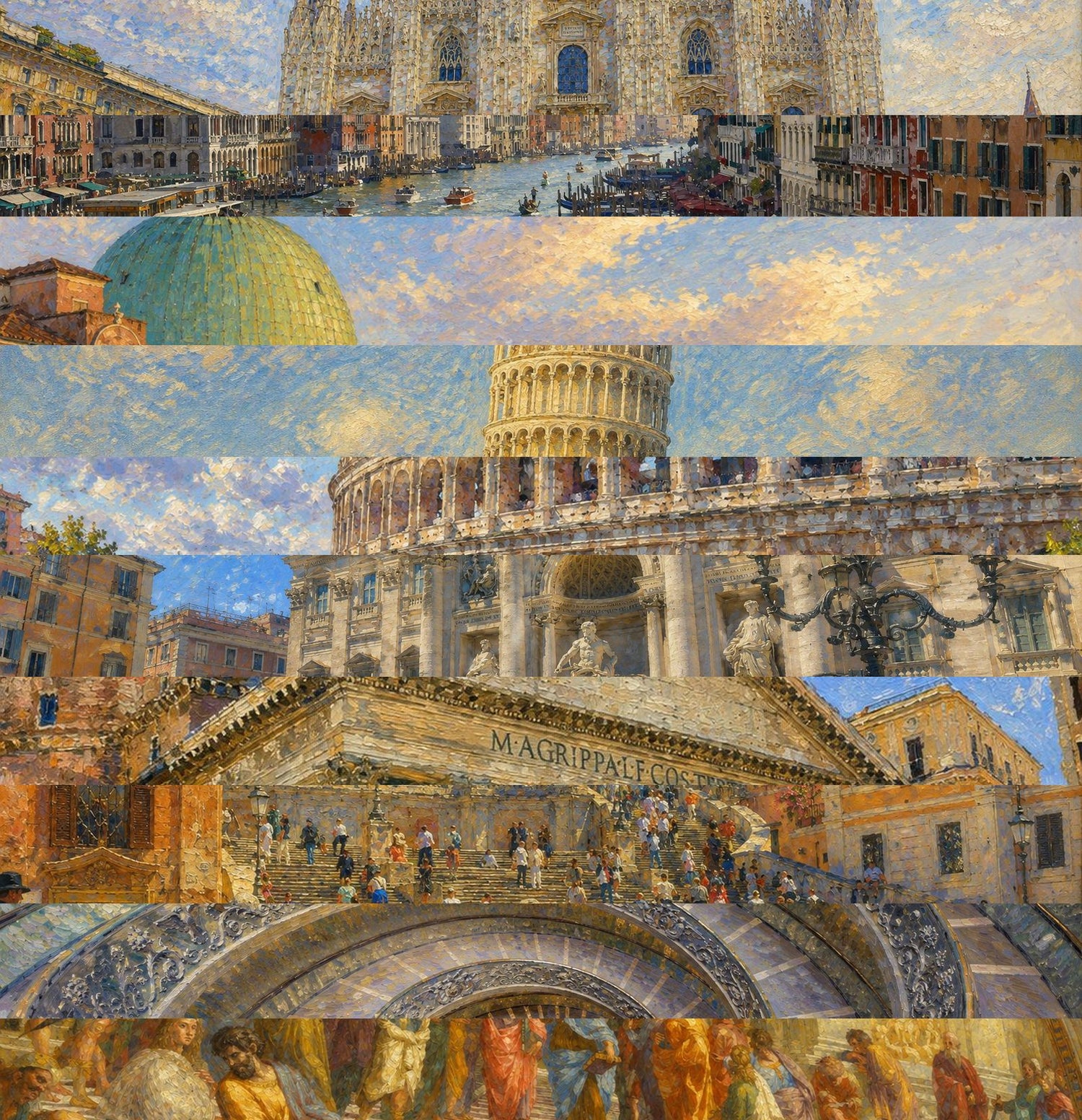 Bella Ciao digital art collection featuring painterly scenes inspired by Italian architecture, cathedrals, Roman monuments, historic streets, and Renaissance interiors.